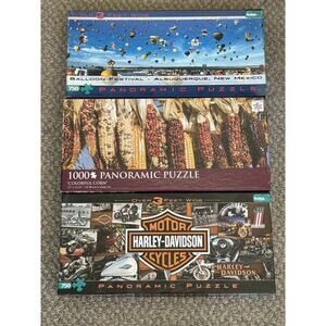 Buffalo Lot of 3 Panoramic Puzzles 750 Piece Harley Davidson,‎ Balloons And Corn